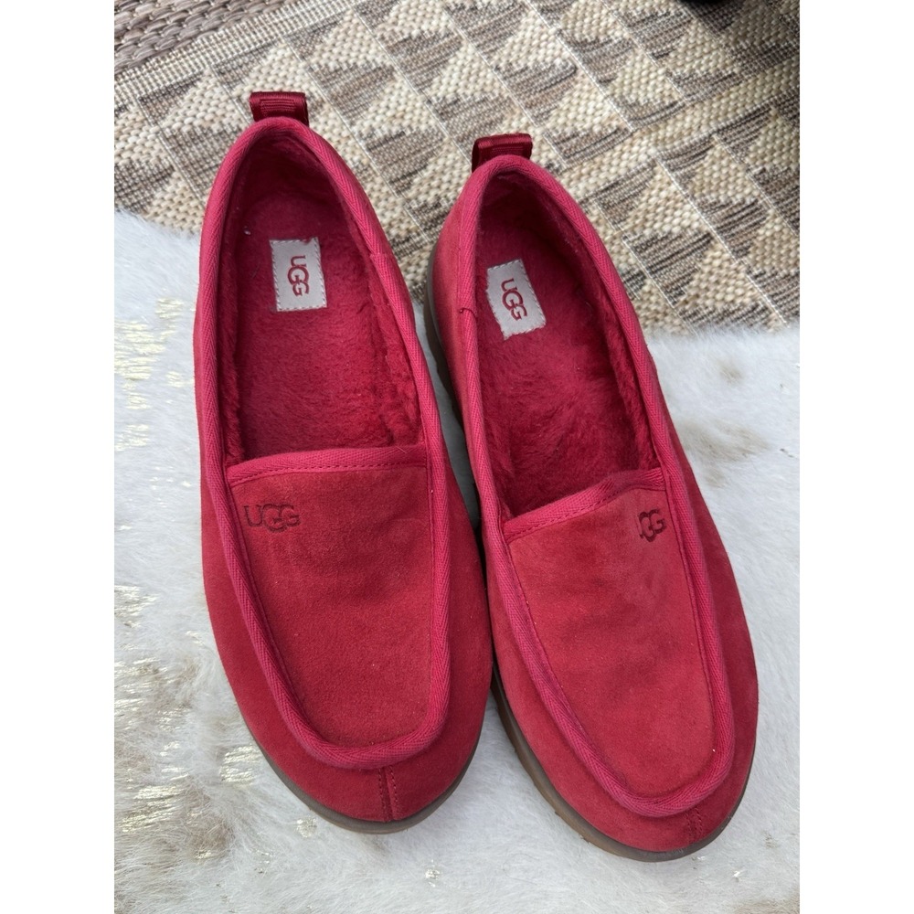 UGG Super Moc Slippers Womens 9 Samba Red Suede Fur Cozy Loungewear